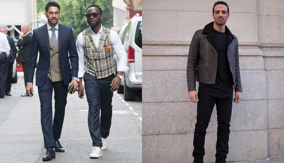 Saad Wadia wears Zara shoes and glasses and a Saran Kohli suit, waistcoat, shirt and tie with Founder of cutsforhim.com Edmund Kamara wearing a Suit Supply waistcoat, trainers and trousers,; Ari'el Stachel at Suitsupply during New York Fashion Week 2018