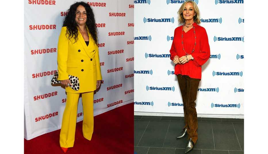 A yellow pantsuit with red heels, a red top with suede pants