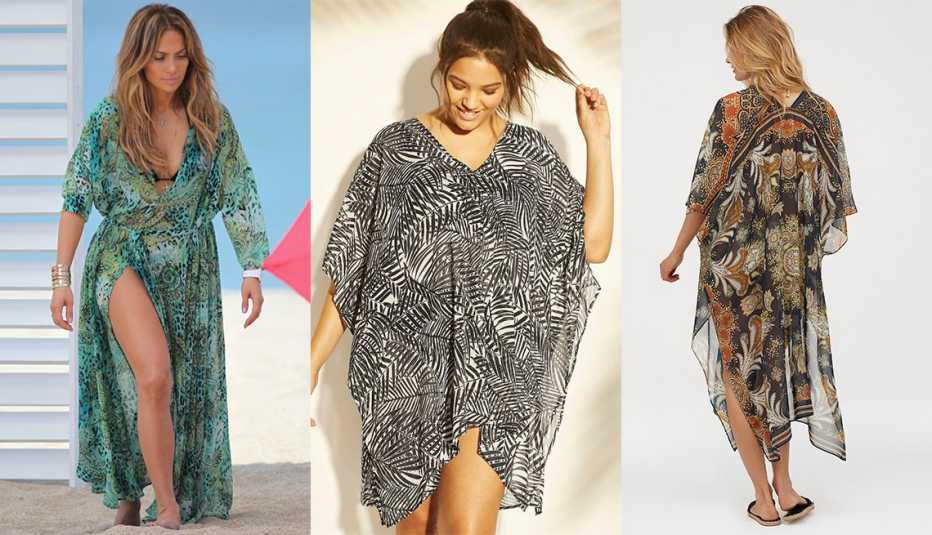 Jennifer Lopez in a print chiffon caftan at the beach; Cover 2 Cover Black/ White Caftan Cover Up; H & M Kaftan With Buttons