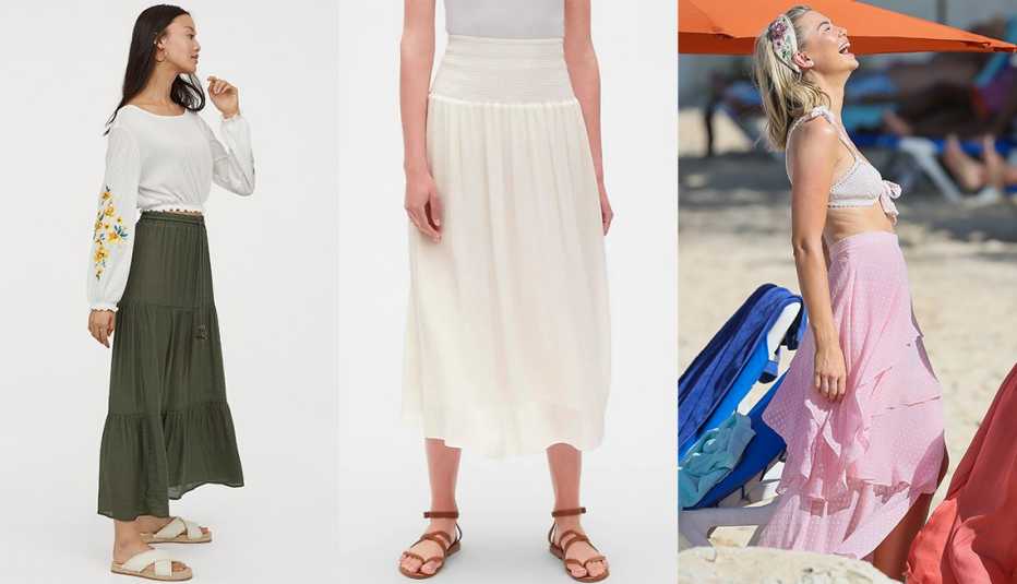 H & M Long Skirt; Gap Smocked Waist Midi Skirt; Georgia Toffolo in pink tiered maxi skirt over a two-piece suit