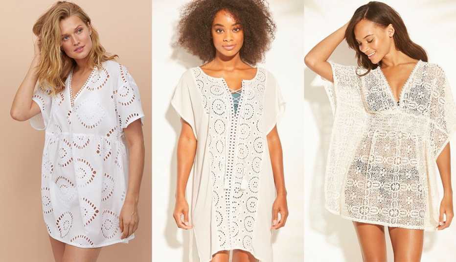 H & M  Cotton Beach Dress in White; Kona Sol Lace-Up Eyelet Cover Up Dress in White; Xhilaration Crochet Cut Out Back Cover Up Dress in White