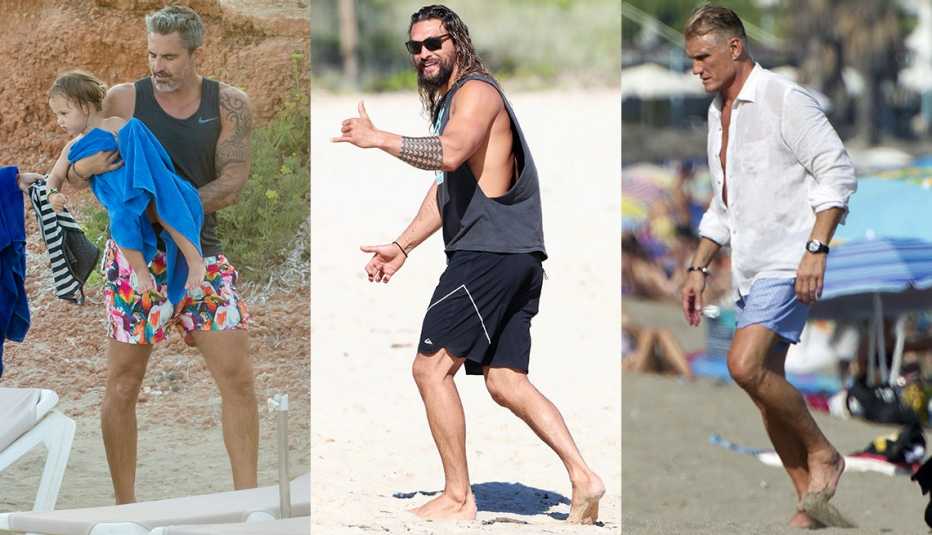 Dolph Lundgren in a white shirt and swimsuit; Jason Momoa in black cutaway tank and board shorts; Nicolas Paladini in black muscle tank, pop print shorts to display his tattoos