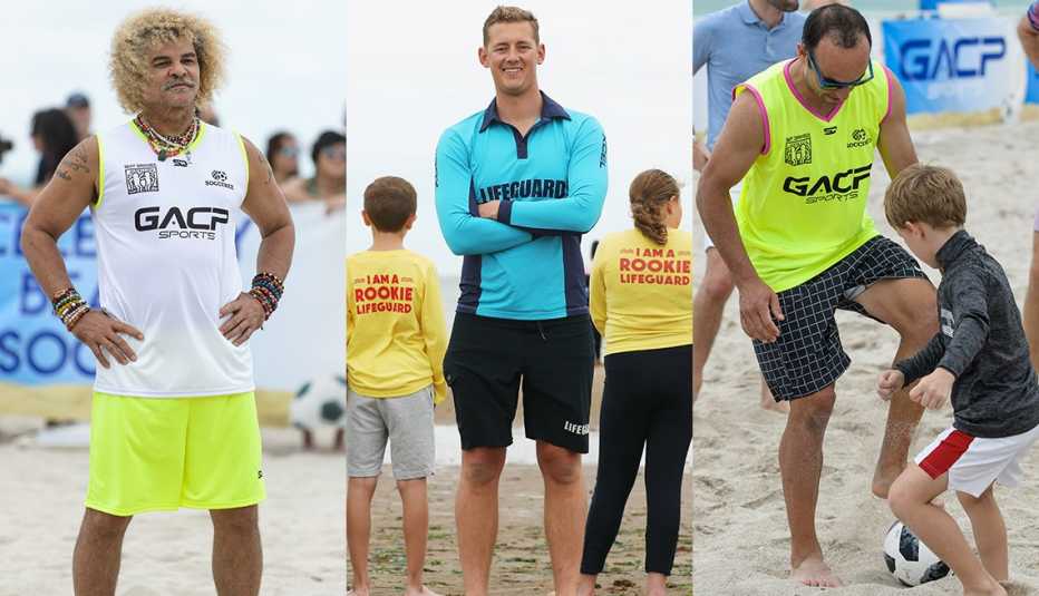 Carlos " El Pipe" Valderrama; Aussie Trent Maxi Maxwell in neon blue color block rashguard and navy cargo-style trunks; Landon Donovan in neon tank,  black check shorts to play soccer with kids on beach
