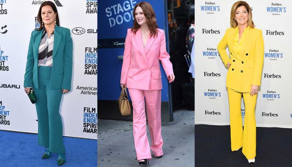 Marcia Gay Harden in teal blue pantsuit, print blouse; Julianne Moore in pink pantsuit; Norah O' Donnell in yellow pantsuit