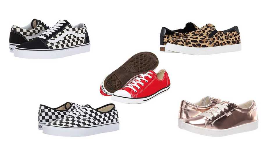 (L to r) Vans Old Skool in Primary Check Black/ White checks; Vans Authentic in Checkerboard Black/True White; Converse Chuck Taylor All Star Dainty Ox in Varsity Red red laceups; Dr. Scholl's Madison leopard slip-ons; Keds x Kate Spade New York Acein Ros