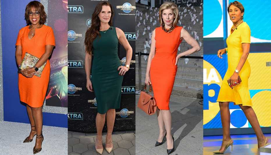 Gayle King in orange dress and leopard shoes; Brooke Shields in green high neck sleeveless dress; Christine Baranski in tailored orange sheath dress, gold chain link statement necklace; Robin Roberts in yellow dress