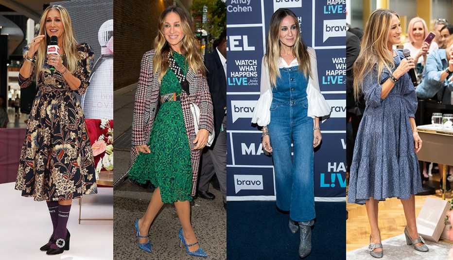 Four images of Sarah Jessica Parker wearing a floral puff midi dress wearing a green print fit and flare dress wearing blue denim overalls with a white puff sleeve blouse and wearing a blue print ruffled mid dress