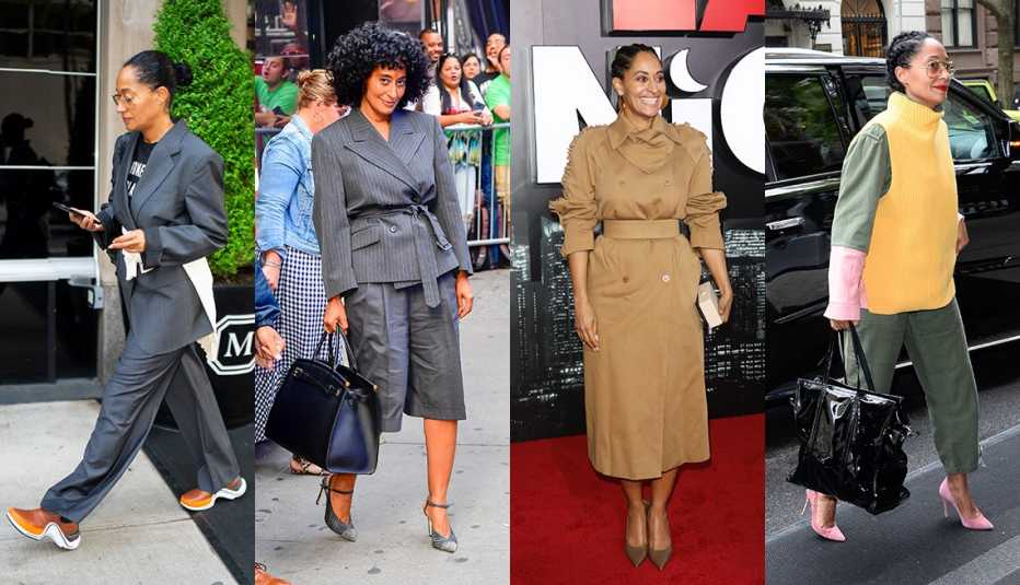 A collage of photos showing actress Tracee Ellis Ross wearing a gray pantsuit with brown sneakers wearing a belted pinstripe jacket with wide knee shorts wearing a tan tailored trench dress and wearing a tailored khaki jumpsuit with a funnel neck vest