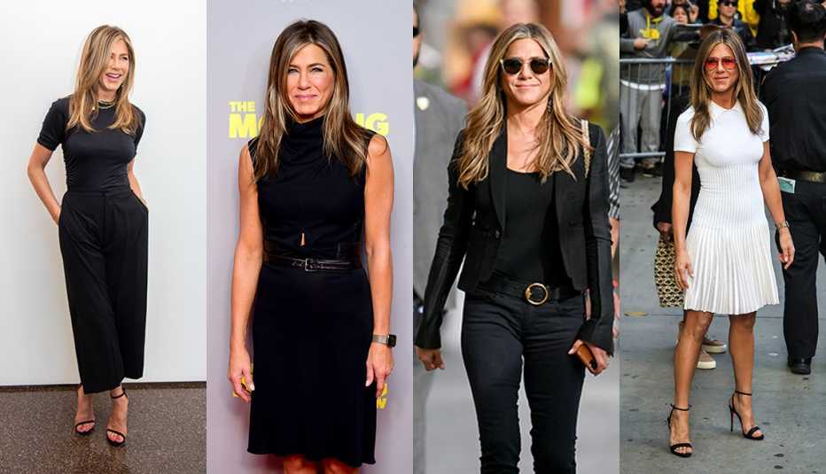 Four photos of Jennifer Aniston wearing a black sleeveless belted cowl neck dress wearing a black tee with black ankle cropped wide pants wearing black skinny jeans with a tank top and tailored cropped jacket and wearing a white knit pleated day dress