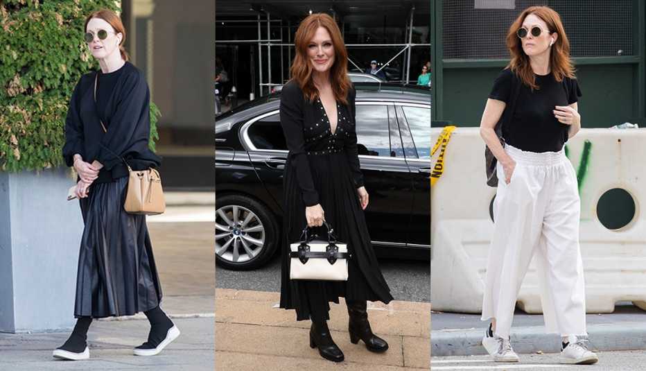 Three images side by side of Julianne Moore wearing a black slouchy sweater with a pleated midi skirt wearing a black pleated midi dress with black leather boots and wearing a black t shirt with white wide leg ankle pants