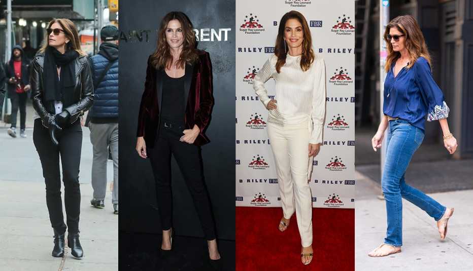 Four images of Cindy Crawford wearing a black leather biker jacket with black jeans wearing a burgundy velvet blazer with black tank and black skinny ankle jeans wearing a white silk blouse and white slim pants and wearing a blue blouse with blue jeans