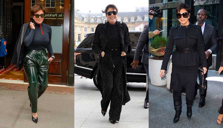 Three images side by side showing Kris Jenner wearing green leather pants a black turtleneck with a blazer over her shoulder wearing black print pants a top and a trench coat and wearing a black belted military style jacket with an asymmetric skirt
