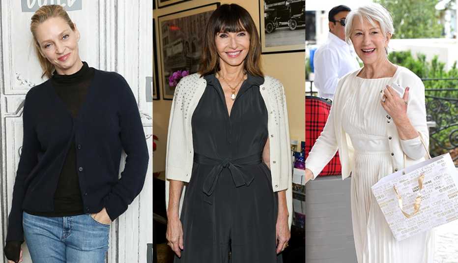 Side by side images of Uma Thurman Mary Steenburgen and Helen Mirren each wearing a cardigan