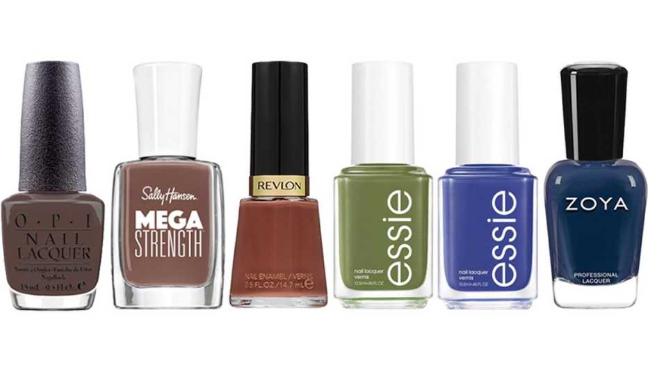 O P I You Dont Know Jacques Nail Lacquer Sally Hansen Mega Strength Nail Polish in Sheriously Strong Revlon Nail Enamel in Totally Toffee Essie Fall 2020 Heart of the Jungle Nail Polish Essie Fall 2020 Waterfall in Love Nail Polish Zoya Nail Lacquer