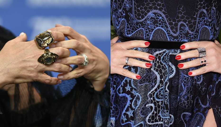 Closeups of the hands and rings of actresses Salma Hayek and Jane Krakowski