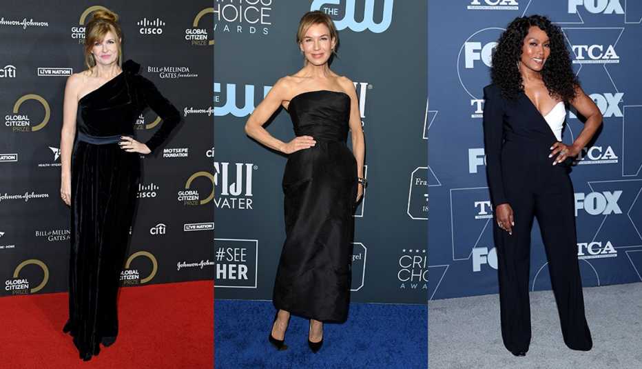 Connie Britton wears a black one shoulder dress Renee Zellweger wears a strapless black column gown and Angela Bassett wears a black and white asymmetric jumpsuit