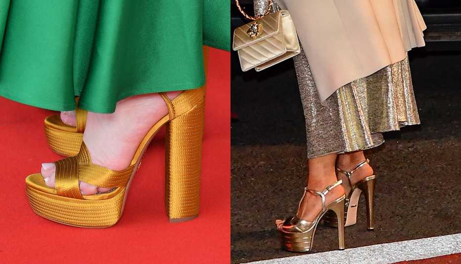 Gold platform sandals worn by actress Patricia Arquette and metallic platform heels worn by actress Salma Hayek