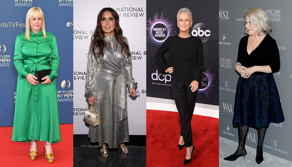 Patricia Arquette wearing a green dress with gold platform sandals Salma Hayek wearing a metallic dress with metallic platforms Jamie Lee Curtis wearing a black outfit with black heels and Bette Midler wearing a black dress and kitten heel slingbacks 