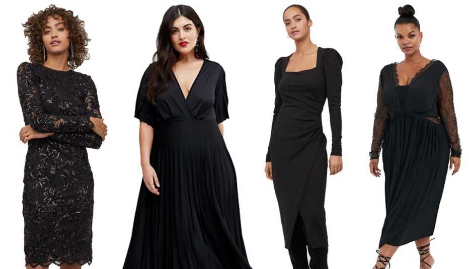 A collage of four images showing an H and M Fitted Sequined Dress an ASOS DESIGN Curve Kimono Pleated Maxi Dress an H and M Draped Dress and an ASOS DESIGN Curve Lace and Pleat Long Sleeve Midi Dress