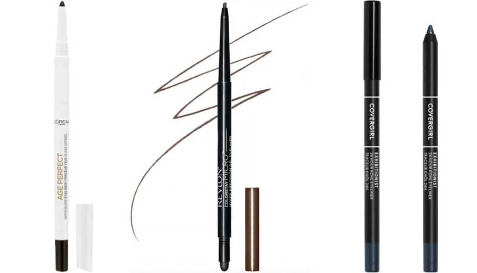 L’Oréal Paris Age Perfect Satin Glide Eyeliner with Mineral Pigments in black; Revlon ColorStay Micro Hyper Precision Gel Eyeliner in brown; CoverGirl 24HR Kohl Liner in charcoal