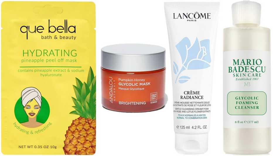 Que Bella Hydrating Pineapple Peel Off Face Mask Andalou Naturals Pumpkin Honey Glycolic Mask Lancome Creme Radiance Clarifying Cream to Foam Cleanser Mario Badescu Glycolic Foaming Cleanser