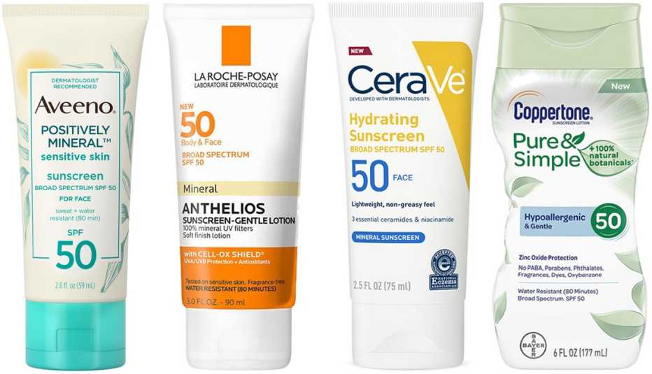 Aveeno Positively Mineral Sensitive Face Sunscreen S P F 50 La Roche Posay Anthelios Body and Face Mineral Sunscreen Lotion S P F 50 CeraVe Mineral Sunscreen Lotion for Face with Zinc Oxide S P F 50 Coppertone Pure and Simple Sunscreen Lotion for Face