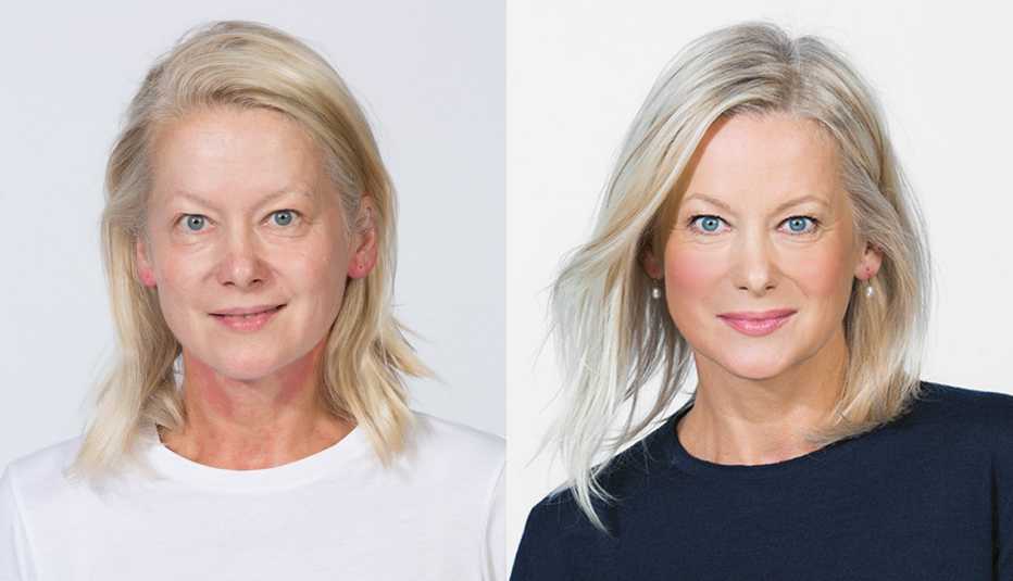 A before and after image of a woman showing the difference of applying makeup foundation