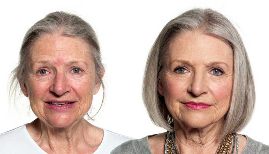 Before and after images of a woman showing the differences of applying makeup