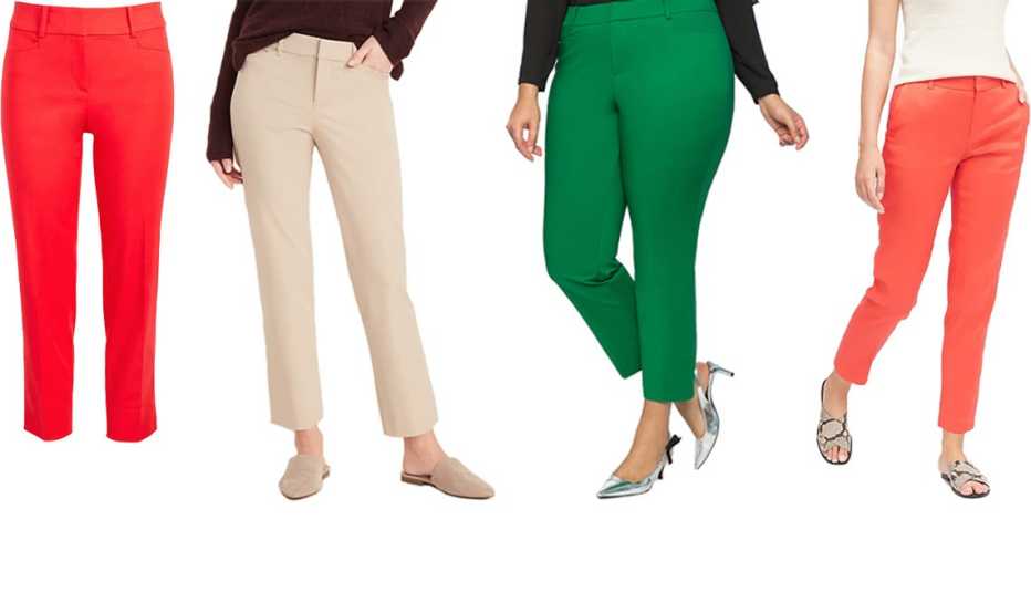 Loft Riviera Pants in Crimson Fire Old Navy All New Mid Rise Pixie Straight Leg Ankle Pants for Women in Upper Crust Eloquii Kady Fit Double Weave Pant in Verdant Green Banana Republic Avery Straight Fit Linen Cotton Pant in Neon Coral Pink