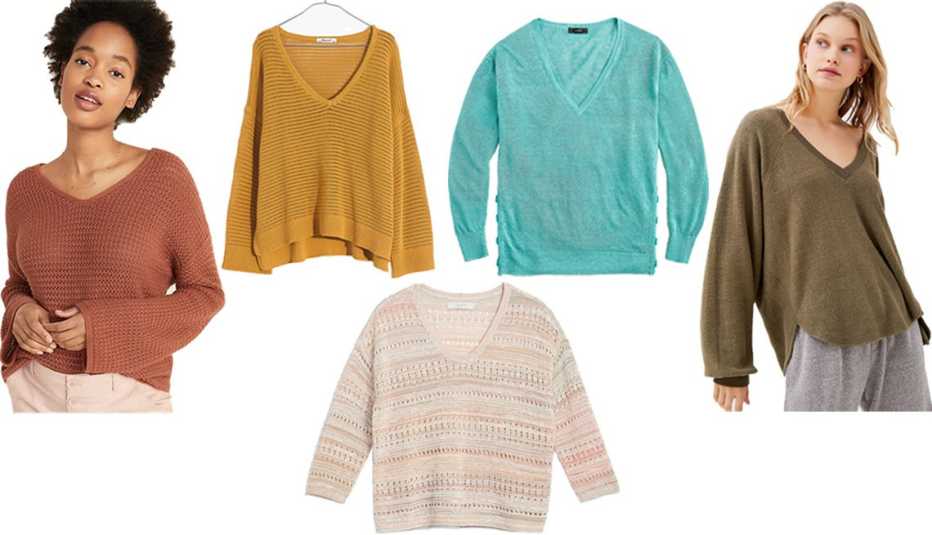 Old Navy Slouchy Crotchet V Neck Sweater for Women in Pretty Penny Madewell Marled Seville Pullover Sweater in Golden Plume J Crew V Neck Sweater with Side Buttons in Linen Blend Urban Outfitters U O Lilith Cozy V Neck Top Loft Stitchy V-Neck Sweater