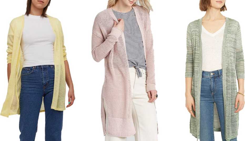 H and M Loose Knit Cardigan in Light Yellow Universal Thread Womens Open Stitch Cardigan in Pink Ann Taylor Spaced Cardigan in Foliage Green
