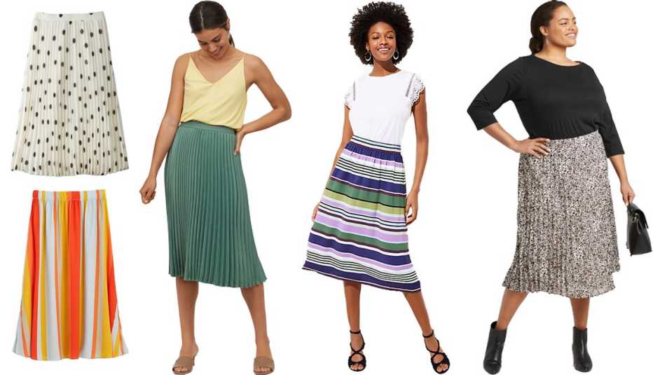 A New Day Womens High Rise Pleated A Line Midi Skirt in White Loft Striped Pull On Midi Skirt in Burnt Amber H and M Pleated Skirt in Green Loft Stripe Shirred Midi Skirt A New Day Womens Plus Size Leopard Print Pleated Midi Skirt