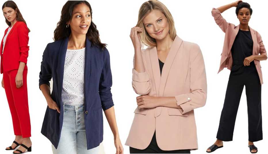 H and M Shawl Collar Jacket in Red Old Navy Linen Blend Blazer for Women in Navy Everlane The Easy Blazer in Cameo Pink Apt 9 Womens Open Front Long Boyfriend Blazer in Beige Mauve