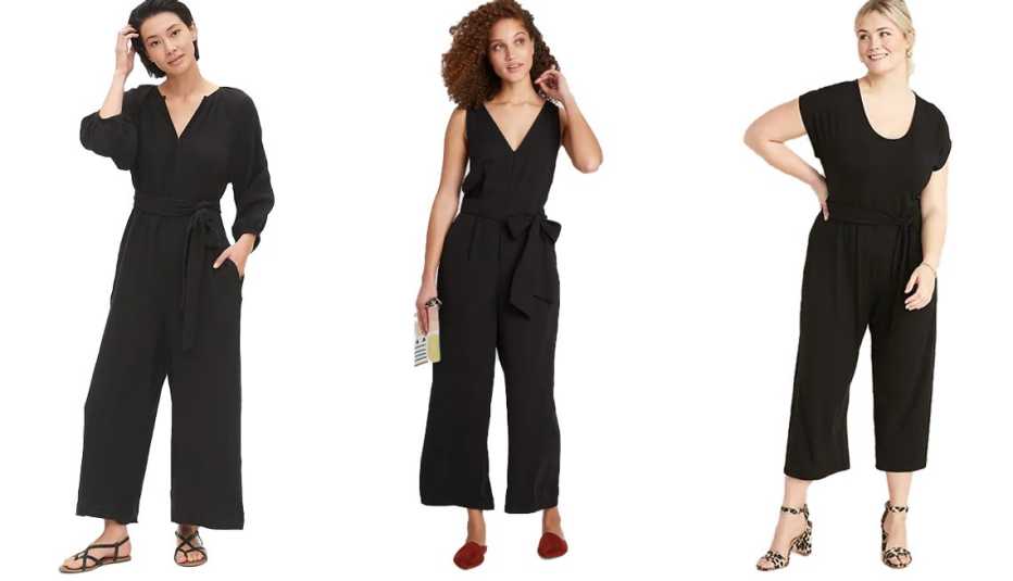 A woman wearing a Gap Gauze Jumpsuit another woman wearing A New Day Women's Sleeveless V-Neck Jumpsuit and a third woman wearing an Old Navy Jersey Tie Belt Plus Size Jumpsuit