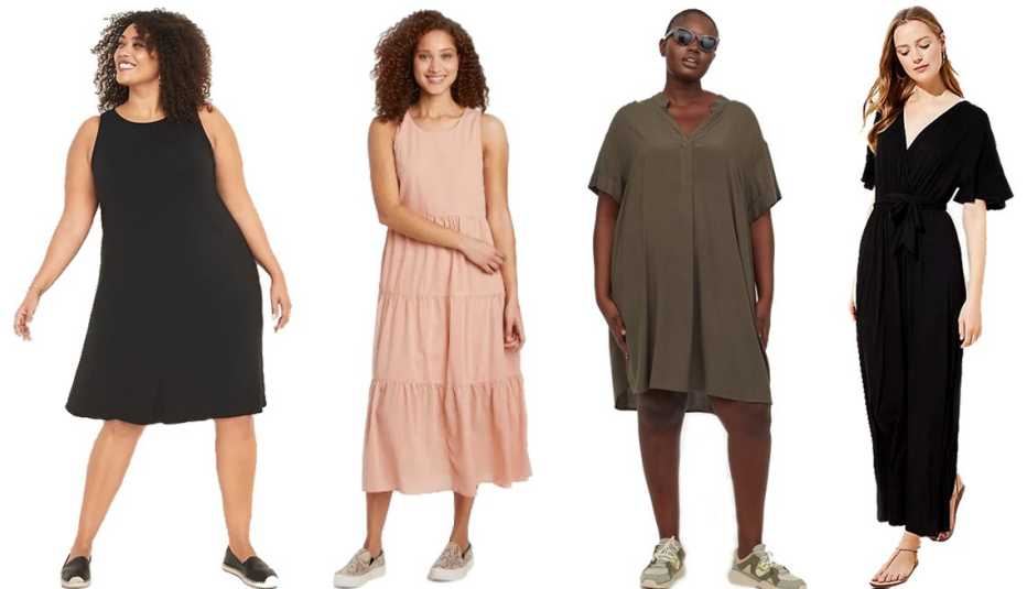 A woman in an black Old Navy Sleeveless Plus-Size Jersey Swing Dress a second woman wearing a coral A New Day Women's Sleeveless Tiered Dress a third woman in a khaki green H&M+ V-neck Dress and a fourth woman wearing a Loft Beach Short Sleeve Maxi Dress