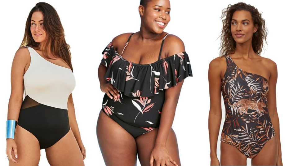 A woman wearing a black and white Swimsuits for All Manhattan One Shoulder One Piece Swimsuit another woman wearing a leaf black Sea Angel Women's Plus Size Cold Shoulder Ruffle One Piece Swimsuit and a third woman in a H&M One-Shoulder Swimsuit