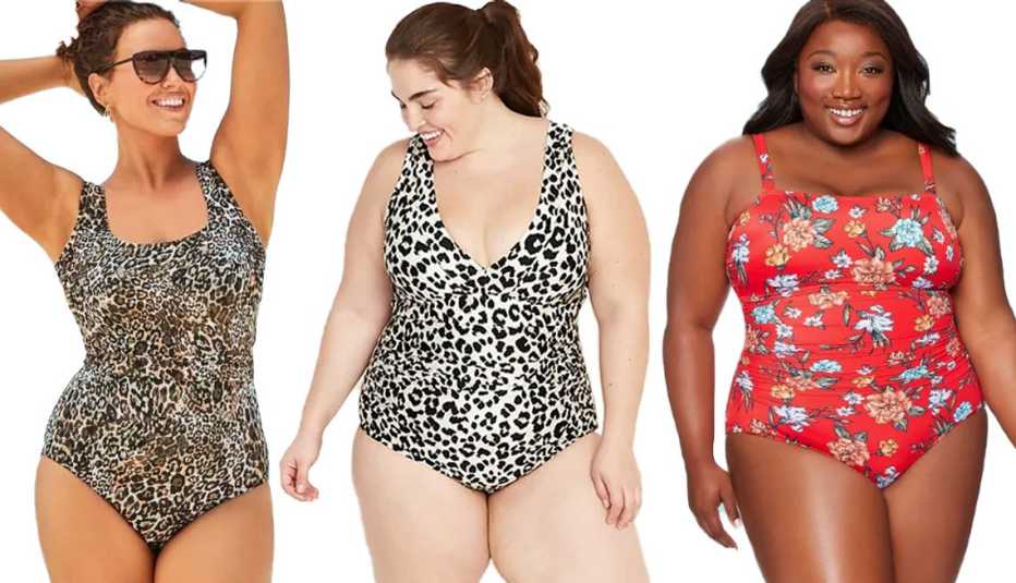A woman in a leopard print Swimsuits for All Wild Side Tank Wrap One Piece Swimsuit, a second woman in a leopard print Old Navy Secret-Slim Plus-Size V-Neck Underwire Swimsuit and another in a Dreamsuit By Miracle Brands Women's Plus Size Slimming Control