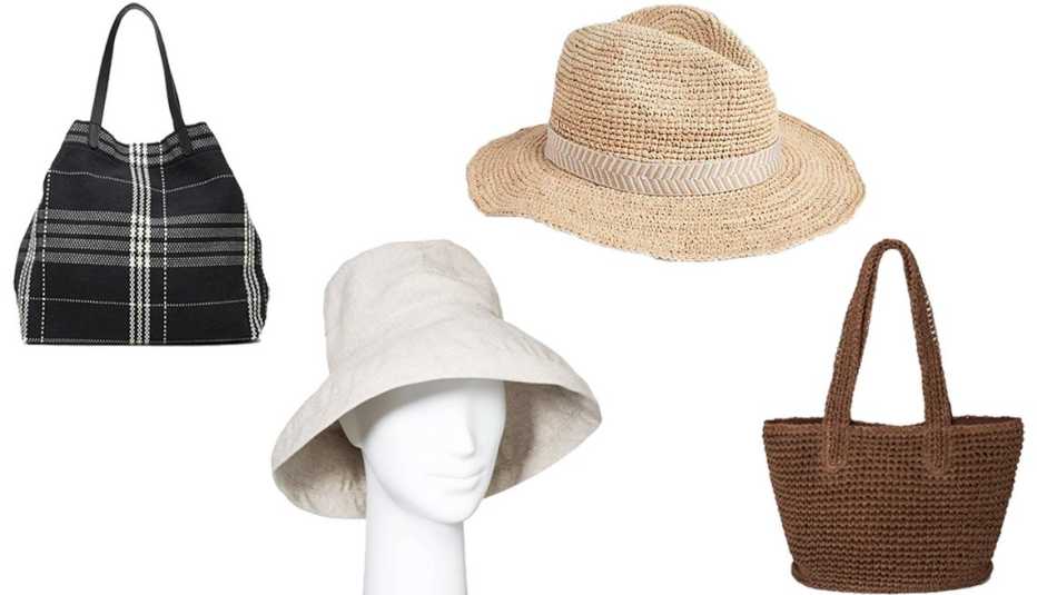 A Banana Republic Plaid Canvas Tote A New Day Women's Bucket Hat a Gap Packable Panama Hat and a Universal Thread Straw Tote Handbag