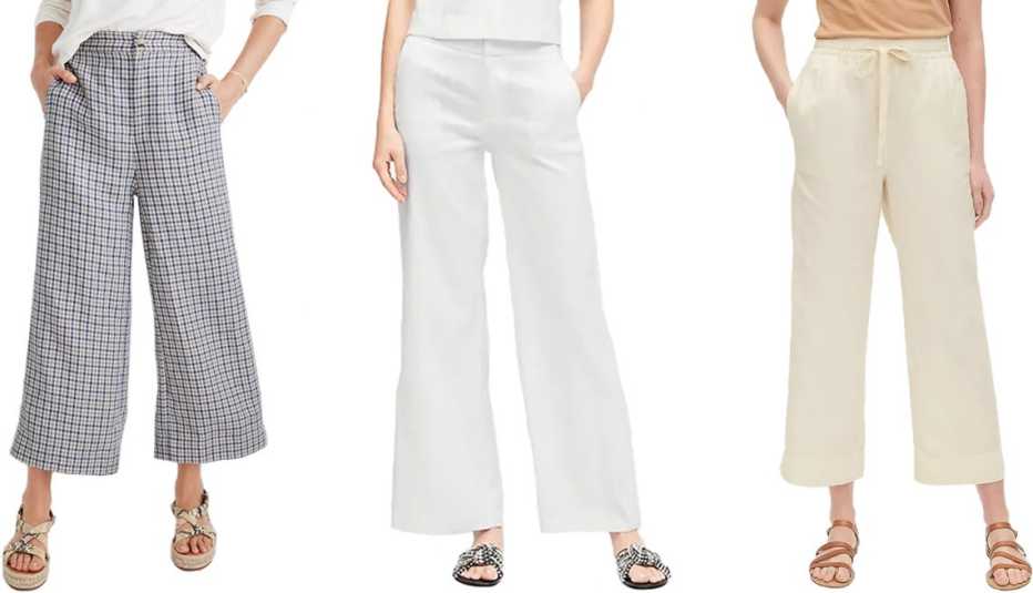 Madewell Linen Huston Button Front Crop Pants in Check Banana Republic High Rise Wide Leg Linen Cotton Pant in White Gap Linen Wide Leg Pant in Ivory Cream Frost