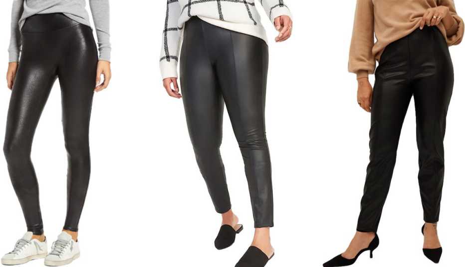 Spanx Faux Leather Leggings in very black; Old Navy High-Waisted Stevie Faux-Leather Pants for Women in pleather; Violeta by Mango Faux Leather Leggings in black