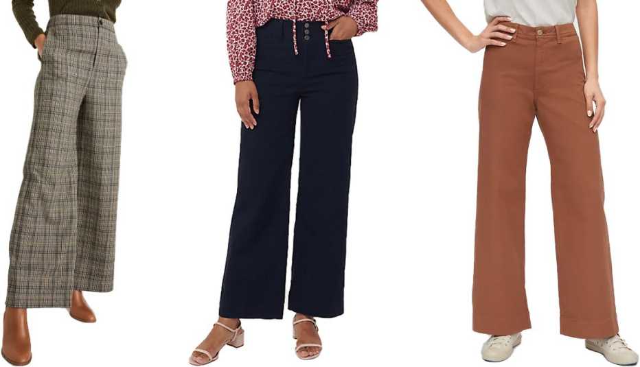 Madewell Huston Pull-On Full-Length Pants in miltmore plaid; Loft Button Front High Waist Wide Leg Crop Pants in forever navy; Gap High-Rise Wide Leg Pants in summer spice brown
