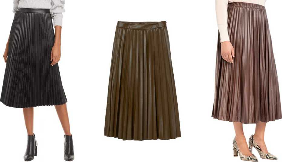 Lucy Paris Faux Leather Pleated Skirt; H&M Faux Leather Skirt in khaki green; Eloquii Pleated Faux Leather Skirt in melted chocolate