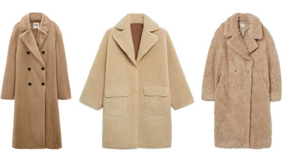 Zara Faux Fur Wrap Coat in taupe brown; Mango Reversible Faux Shearling-Lined Coat in beige; H&M Wool-Blend Faux Shearling Coat in beige