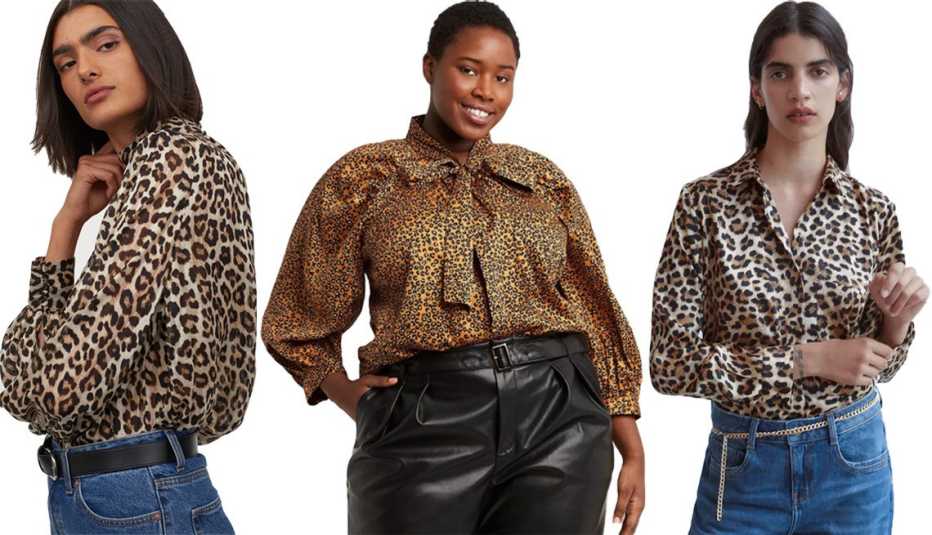 H&M Wide-Cut Blouse in light beige/leopard print; Who What Wear Women’s Long Sleeve Soft Bow Blouse in brown; Zara Long Animal Print Shirt