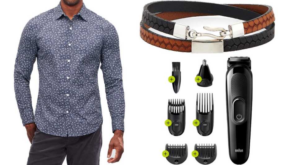 Bonobos Tech Button Down Shirt in navy bellflower floral; Caputo & Co. Embossed Leather Wrap Bracelet in black/tan; Braun MGK3220 6-in-1 Men’s Rechargeable Wet & Dry Electric Shaver & Trimmer Kit for Beard and Hair