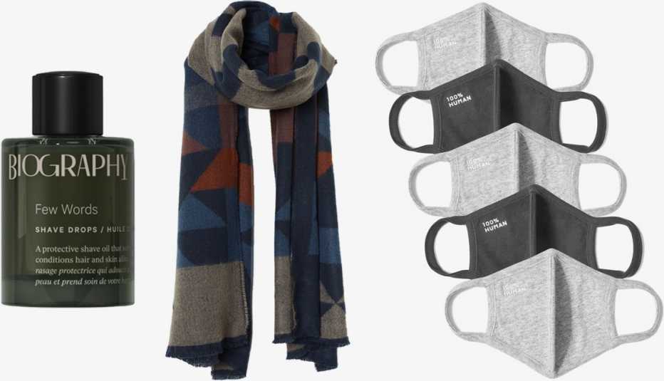 Biography Few Words Shave Drops; H&M Men’s Jacquard Weave Scarf in blue/patterned; Everlane The 100% Human Face Mask 5-Pack in grey/black
