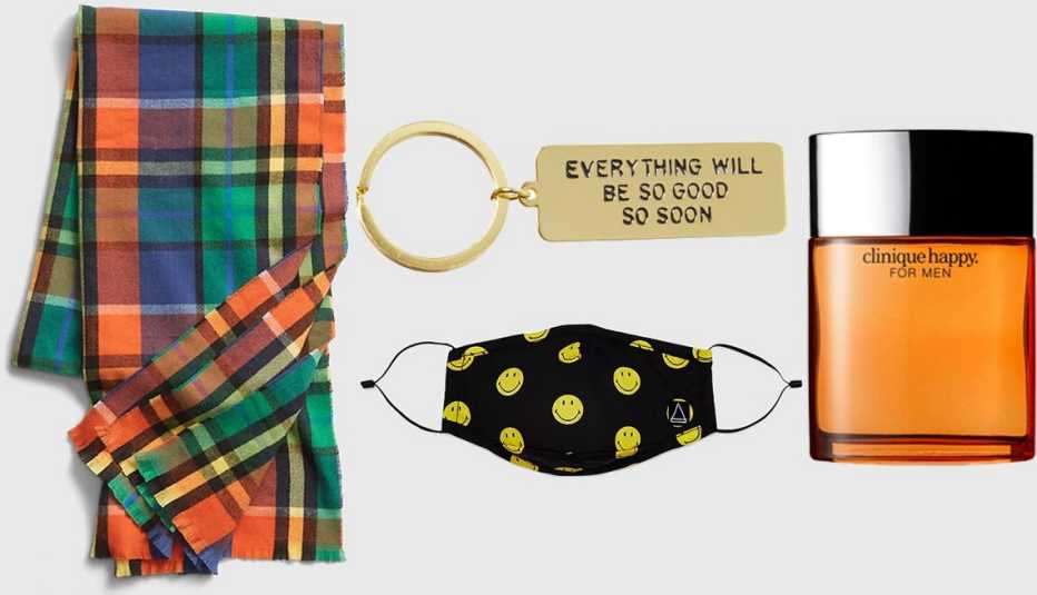 Gap Men’s Recycled Cozy Scarf in multi plaid; AdamJK Everything Keychain; Eleven Paris Smiley Mask; Clinique Happy for Men Cologne Spray
