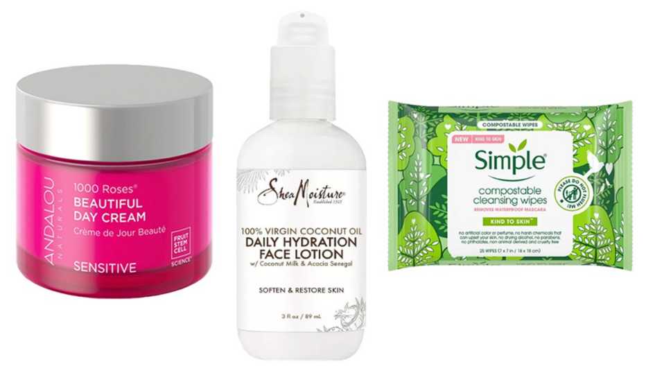 Andalou Naturals 1000 Roses Beautiful Day Cream SheaMoisture 100 percent Virgin Coconut Oil Daily Hydration Face Lotion and Simple Kind To Skin Compostable Cleansing Wipes
