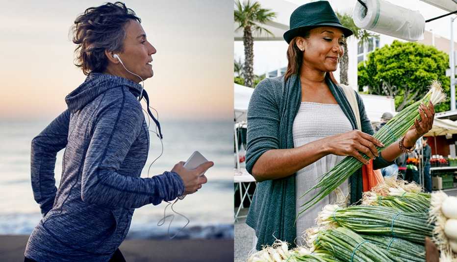A woman wearing headphones while she is running on a beach and another woman at a farmer's market looking at produce