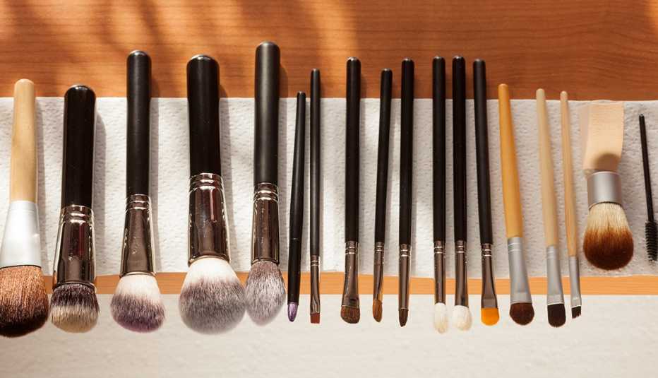 A set of makeup brushes drying after washing